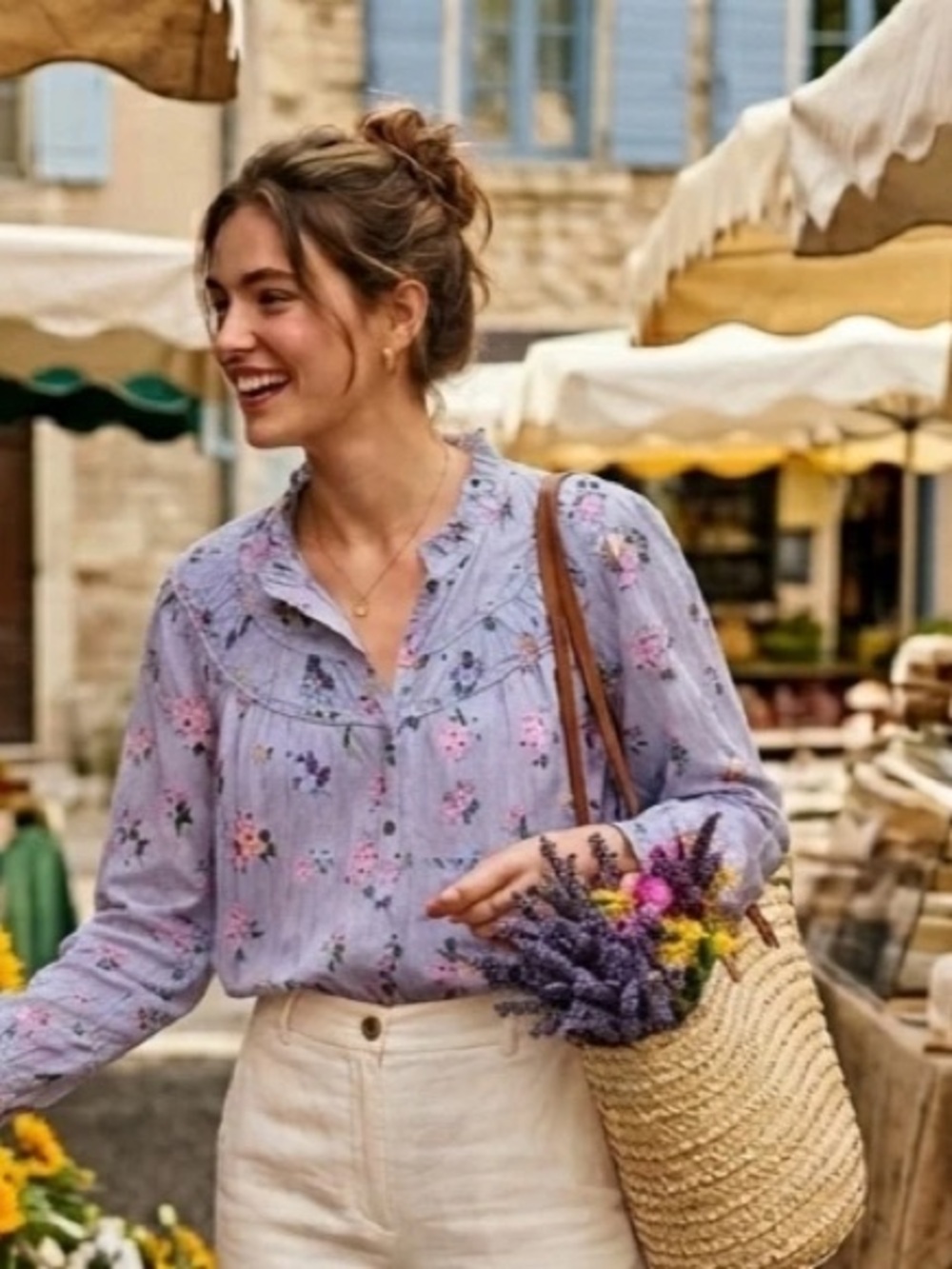 La Vie Floral Button-Front Peasant Shirt